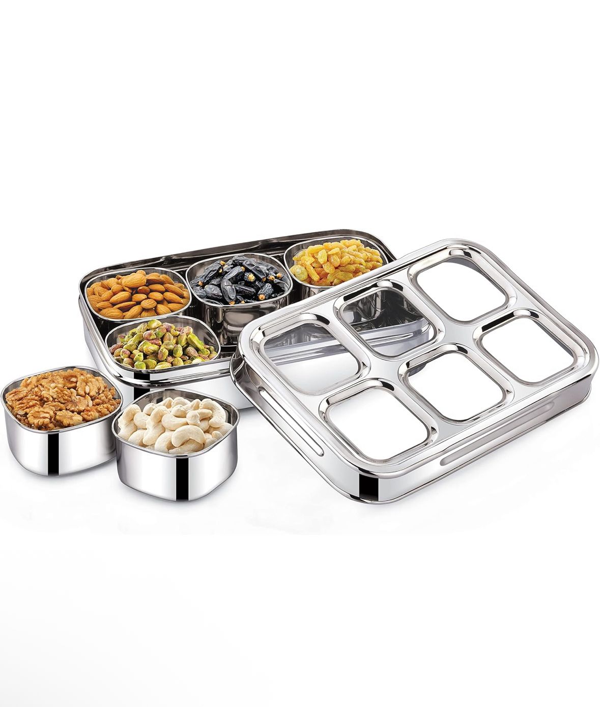 6 Square Stainless Steel Spice Box With See-Through Glass Lid / 6 Containers Storage Box/Durable Masala Dani/Masala Box For Kitchen/Dry Fruit Organiser/Anjarai Petti/Design - Silver