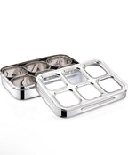 6 Square Stainless Steel Spice Box With See-Through Glass Lid / 6 Containers Storage Box/Durable Masala Dani/Masala Box For Kitchen/Dry Fruit Organiser/Anjarai Petti/Design - Silver
