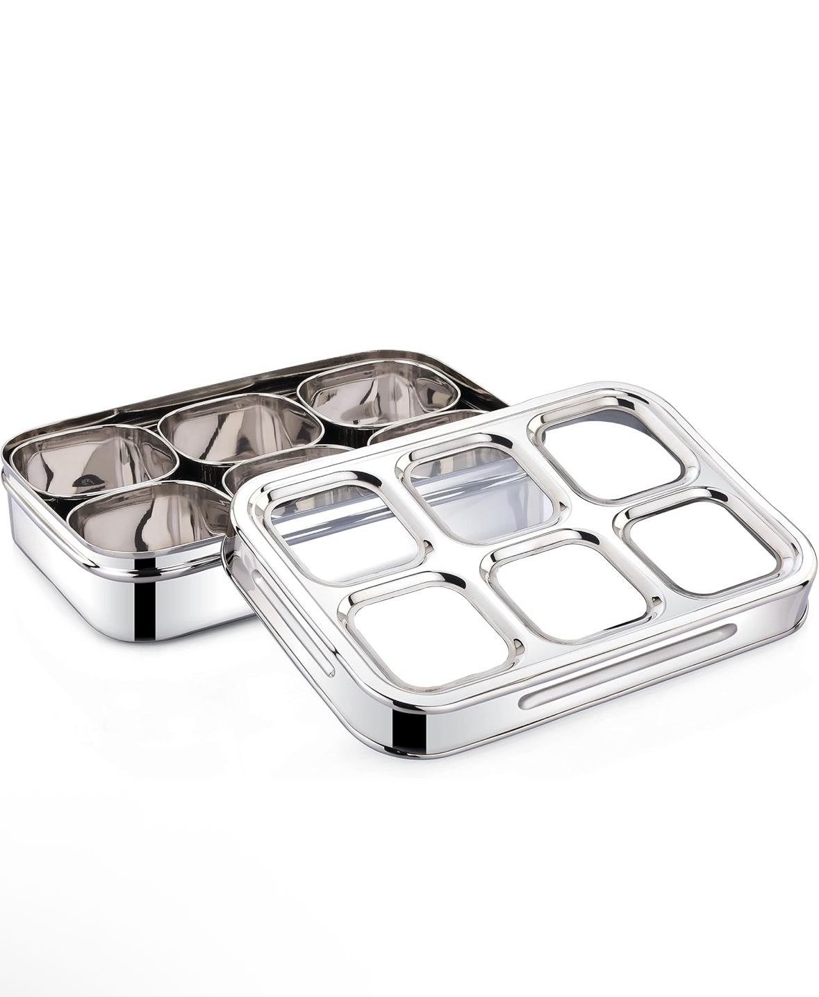 6 Square Stainless Steel Spice Box With See-Through Glass Lid / 6 Containers Storage Box/Durable Masala Dani/Masala Box For Kitchen/Dry Fruit Organiser/Anjarai Petti/Design - Silver