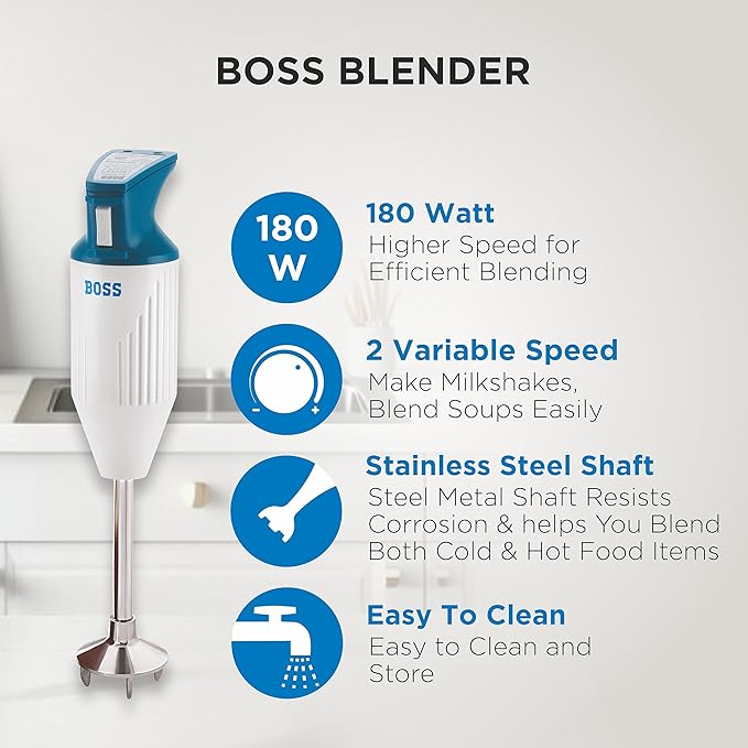 BOSS Stainless Steel B131 Portable Hand Blender 180 Watts | Variable Speed Control | 3-Year Warranty | Easy To Clean And Store | Isi-Marked