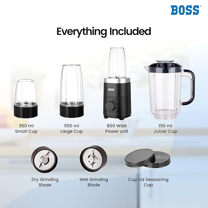 BOSS Nutri Neo 800W Juicer/Mixer/Grinder/Smoothie Maker, 3 Unbreakable Jars, 2 Blade Set - Wet & Dry, Silver, 2 Year Warranty