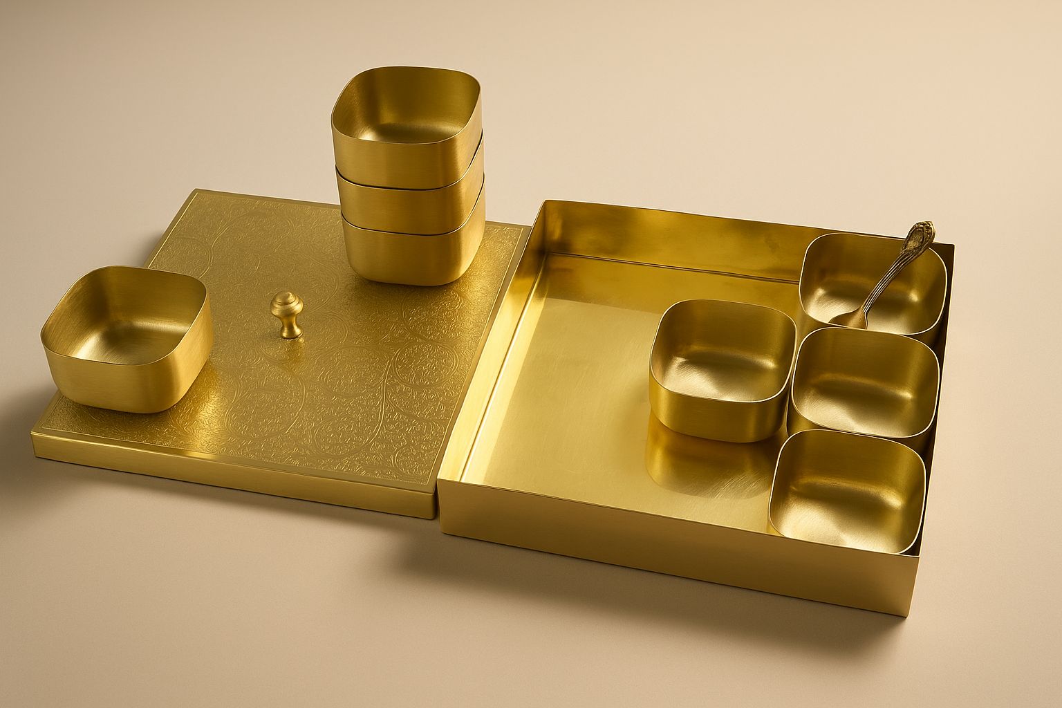 SQURE BRASS MASALA BOX- 1 MASALA BOX,9 SQURE KATORI,1 SPOON