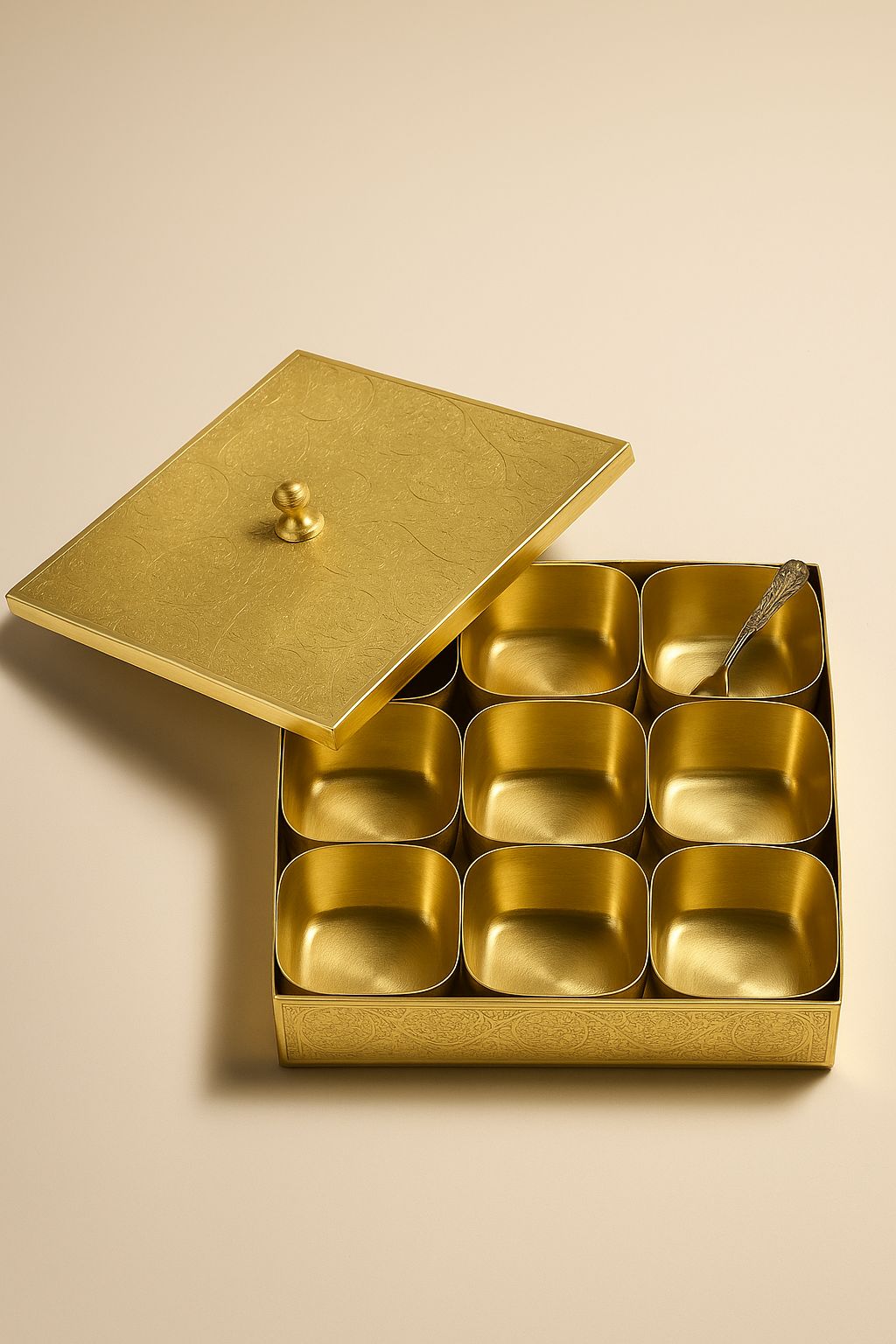 SQURE BRASS MASALA BOX- 1 MASALA BOX,9 SQURE KATORI,1 SPOON