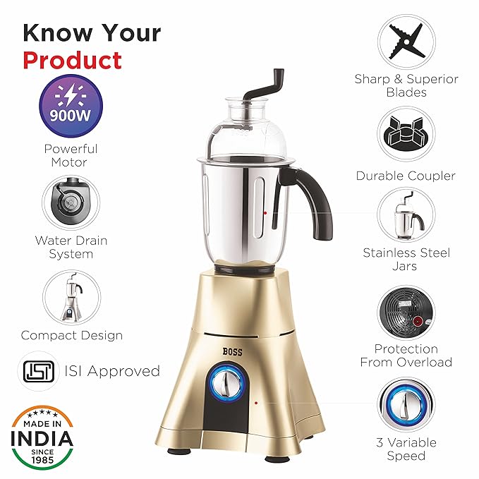 Boss CycloneMaxx 100% Copper Winding motor, Mixer Grinder, 900 Watt Power Grind, 4-Jars
