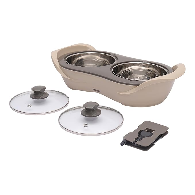 Jaypee Plus 1150 ml +1150 ml Stainless Steel Electric Casserole Set | Shockproof, Rustproof | 2 in 1 Electric Bowl for Food Warmer & Buffet Server - (Beige)