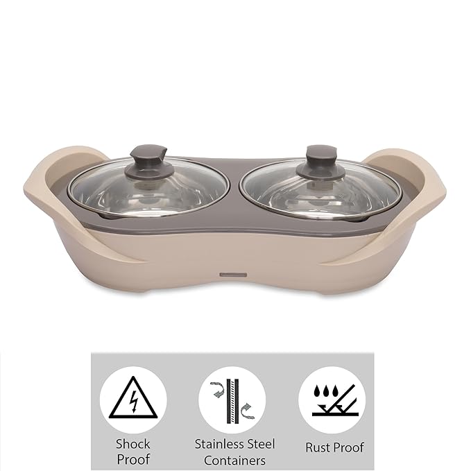 Jaypee Plus 1150 ml +1150 ml Stainless Steel Electric Casserole Set | Shockproof, Rustproof | 2 in 1 Electric Bowl for Food Warmer & Buffet Server - (Beige)