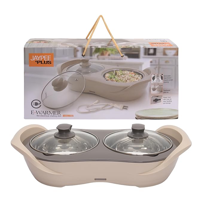 Jaypee Plus 1150 ml +1150 ml Stainless Steel Electric Casserole Set | Shockproof, Rustproof | 2 in 1 Electric Bowl for Food Warmer & Buffet Server - (Beige)
