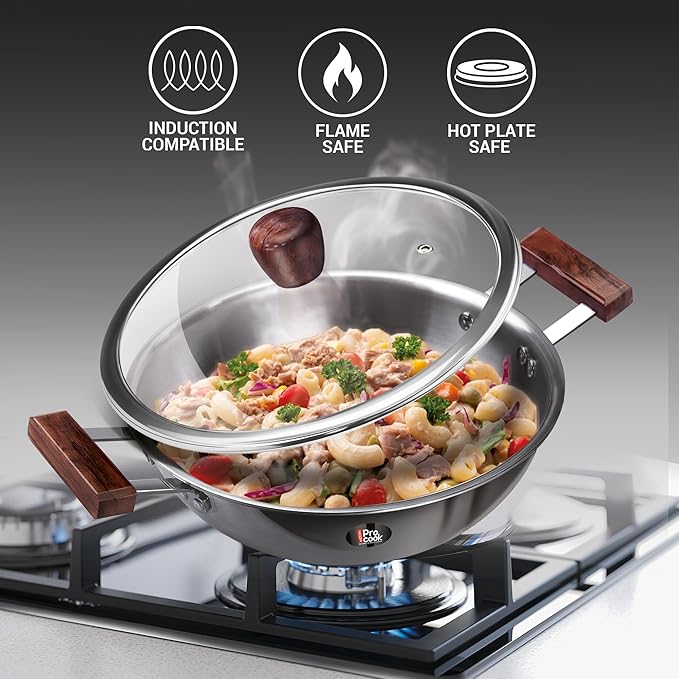 Milton Pro Cook Triply Hexa Tech Induction and Gas Friendly Stainless Steel Kadai with Glass Lid I Non Stick Cookware I 3 Year Warranty, Silver