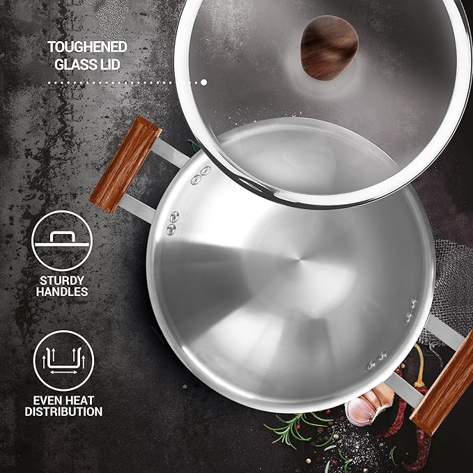 Milton Pro Cook Triply Hexa Tech Induction and Gas Friendly Stainless Steel Kadai with Glass Lid I Non Stick Cookware I 3 Year Warranty, Silver