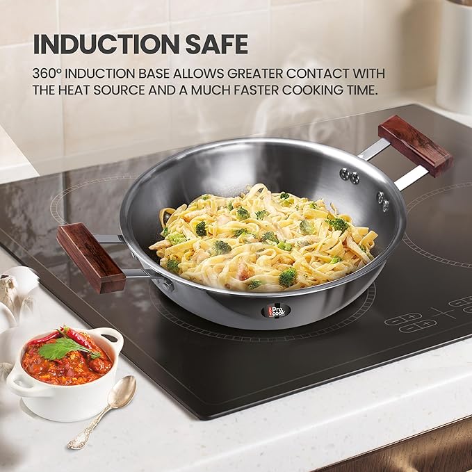Milton Pro Cook Triply Hexa Tech Induction and Gas Friendly Stainless Steel Kadai with Glass Lid I Non Stick Cookware I 3 Year Warranty, Silver