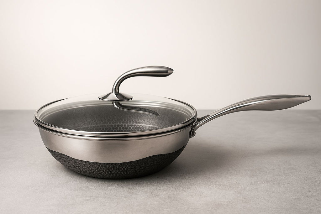 NON STICK STAINLESS STEEL WOK PAN WITH SELF BALANCING LID AND HONEYCOMB SURFACEGUARD TECHNOLOGY