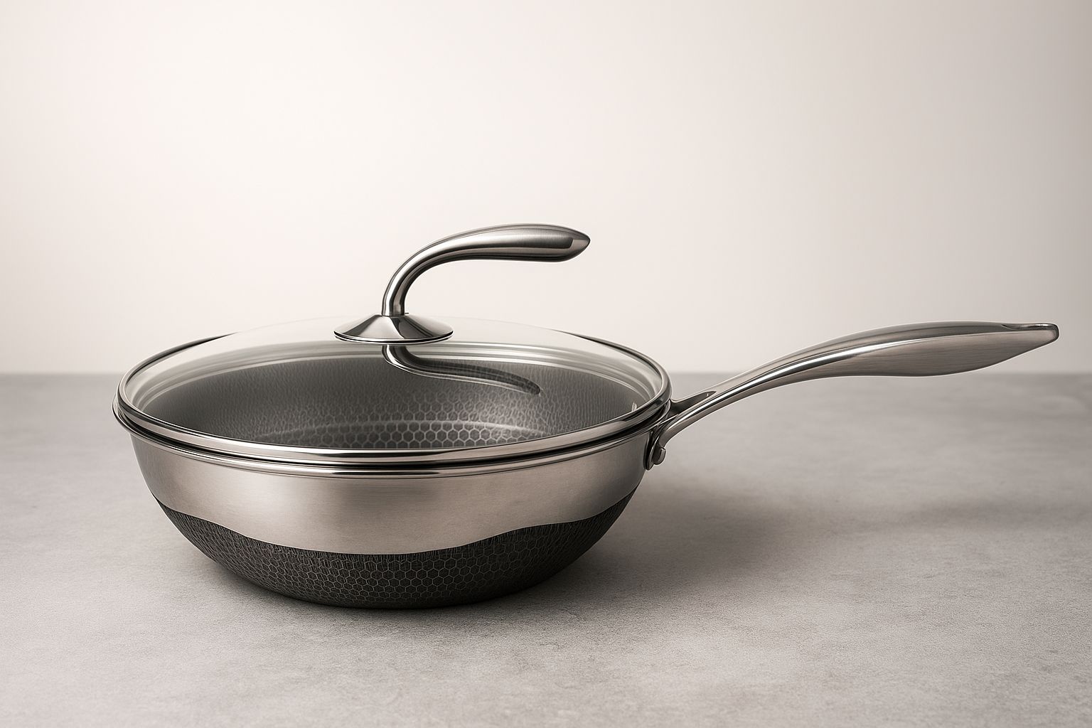 NON STICK STAINLESS STEEL WOK PAN WITH SELF BALANCING LID AND HONEYCOMB SURFACEGUARD TECHNOLOGY