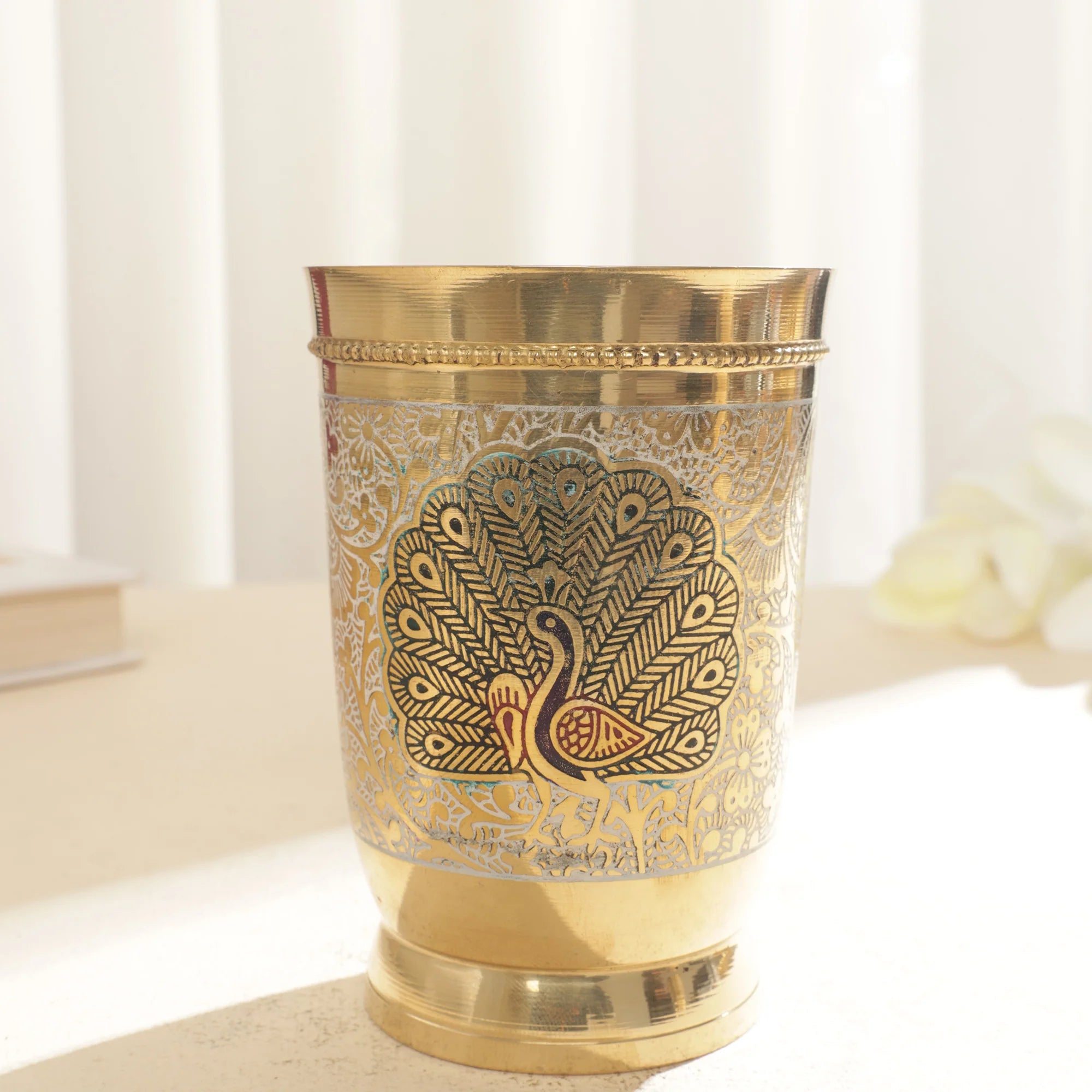 PEACOCK DESIGN BRASS GLASS  SET OF 3