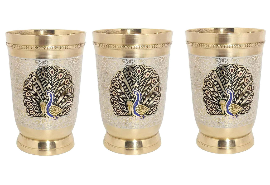 PEACOCK DESIGN BRASS GLASS  SET OF 3
