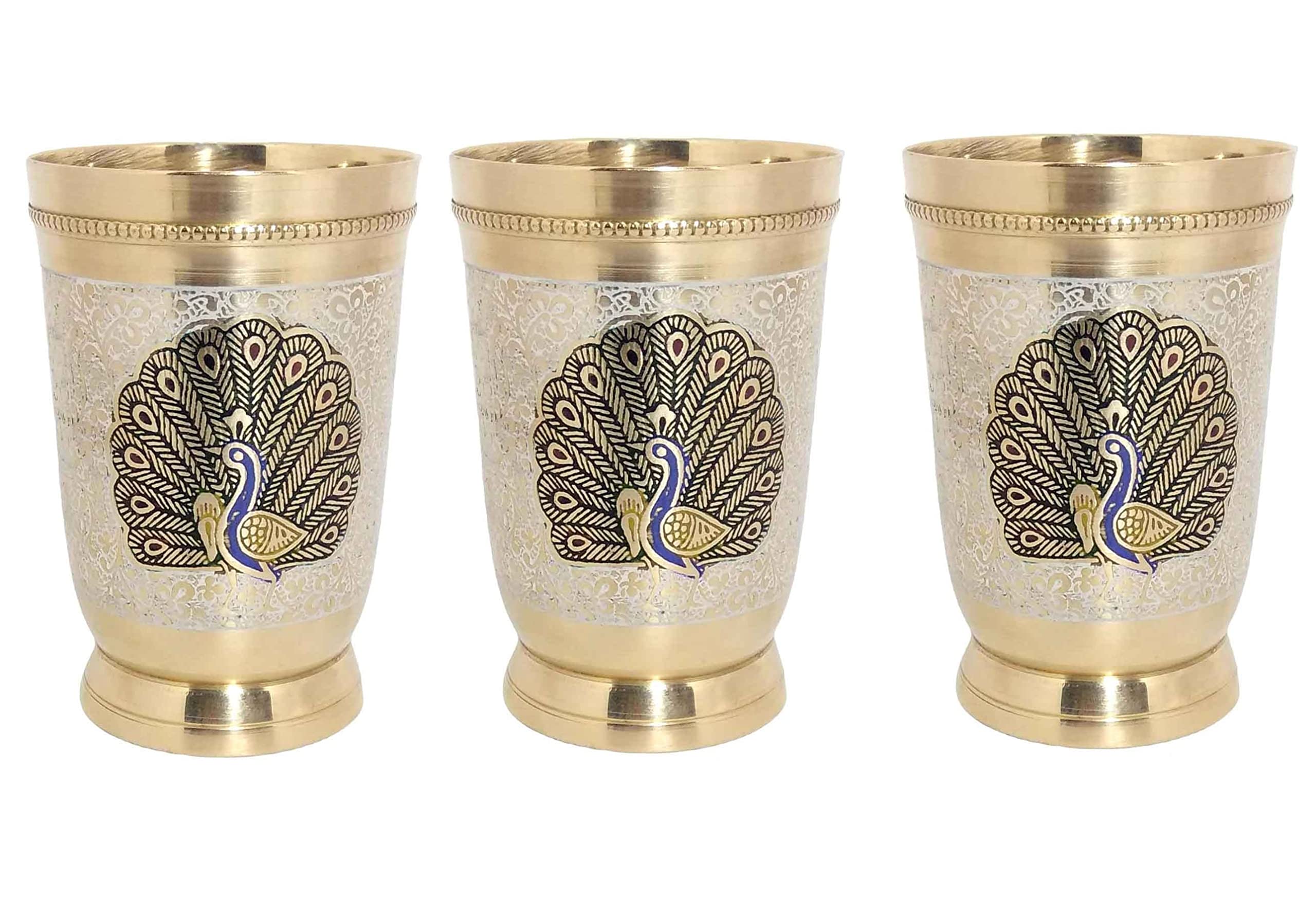 PEACOCK DESIGN BRASS GLASS  SET OF 3