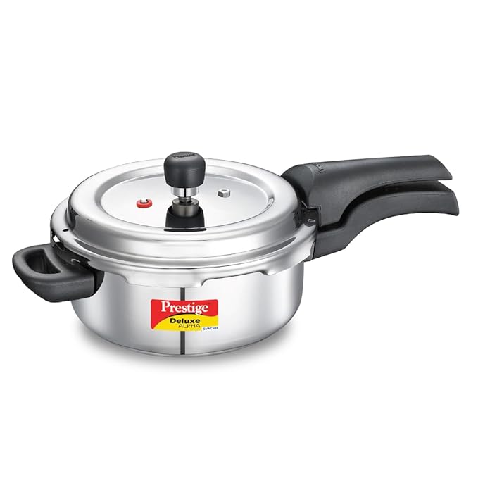 Prestige Svachh Deluxe Alpha stainless steel Pressure Cooker|Outer lid |Deep lid for spillage control|Gas & induction compatible|Controlled GasketRelease System|Silver|10 years warranty