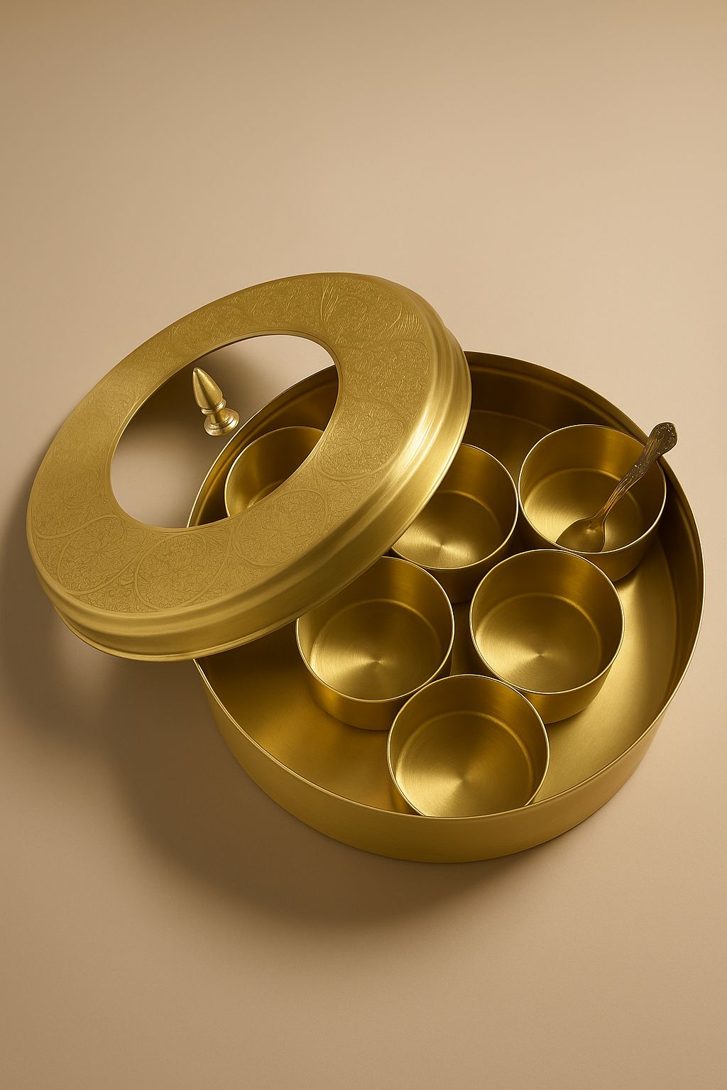 ROUND BRASS MASALA BOX- 1 MASALA BOX,7 KATORI,1 SPOON