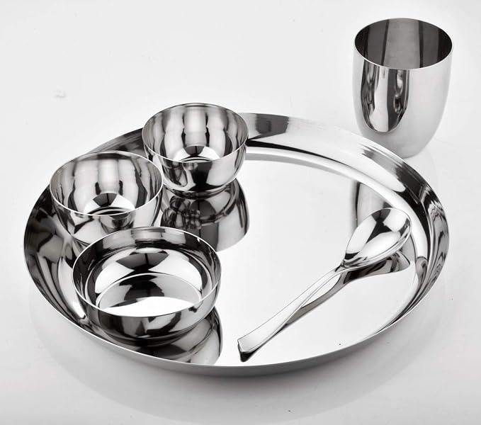 36 Piece Stainless Steel Dinner Set , 18 Guage Steel , Mirror Polish - 12 Bowls,6 halwa Plate, 6 Glass, 6 Spoon, 6 Plate (13 inch Round Set of 6 Dinner Sets)