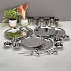 36 Piece Stainless Steel Dinner Set , 18 Guage Steel , Mirror Polish - 12 Bowls,6 halwa Plate, 6 Glass, 6 Spoon, 6 Plate (13 inch Round Set of 6 Dinner Sets)
