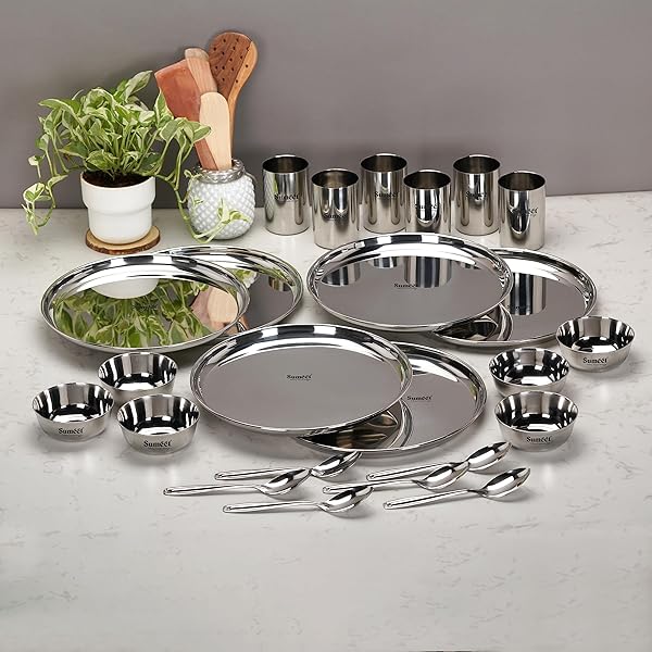 36 Piece Stainless Steel Dinner Set , 18 Guage Steel , Mirror Polish - 12 Bowls,6 halwa Plate, 6 Glass, 6 Spoon, 6 Plate (13 inch Round Set of 6 Dinner Sets)