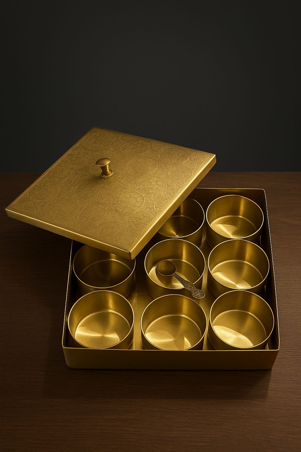 SQURE BRASS MASALA BOX- 1 MASALA BOX,9 ROUND KATORI,1 SPOON