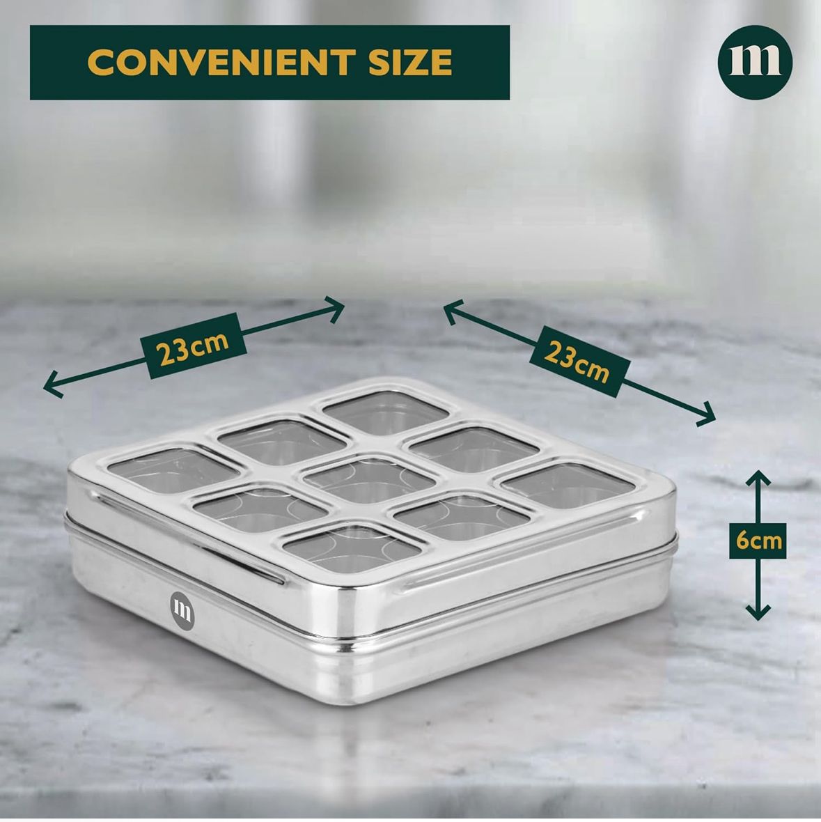Stainless Steel 9-in-1 Square Masala Dabba – Spice Box with 9 Round Containers, Individual See-Through Lids, and Durable Design for Easy Kitchen Storage