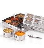 Stainless Steel 9-in-1 Square Masala Dabba – Spice Box with 9 Round Containers, Individual See-Through Lids, and Durable Design for Easy Kitchen Storage