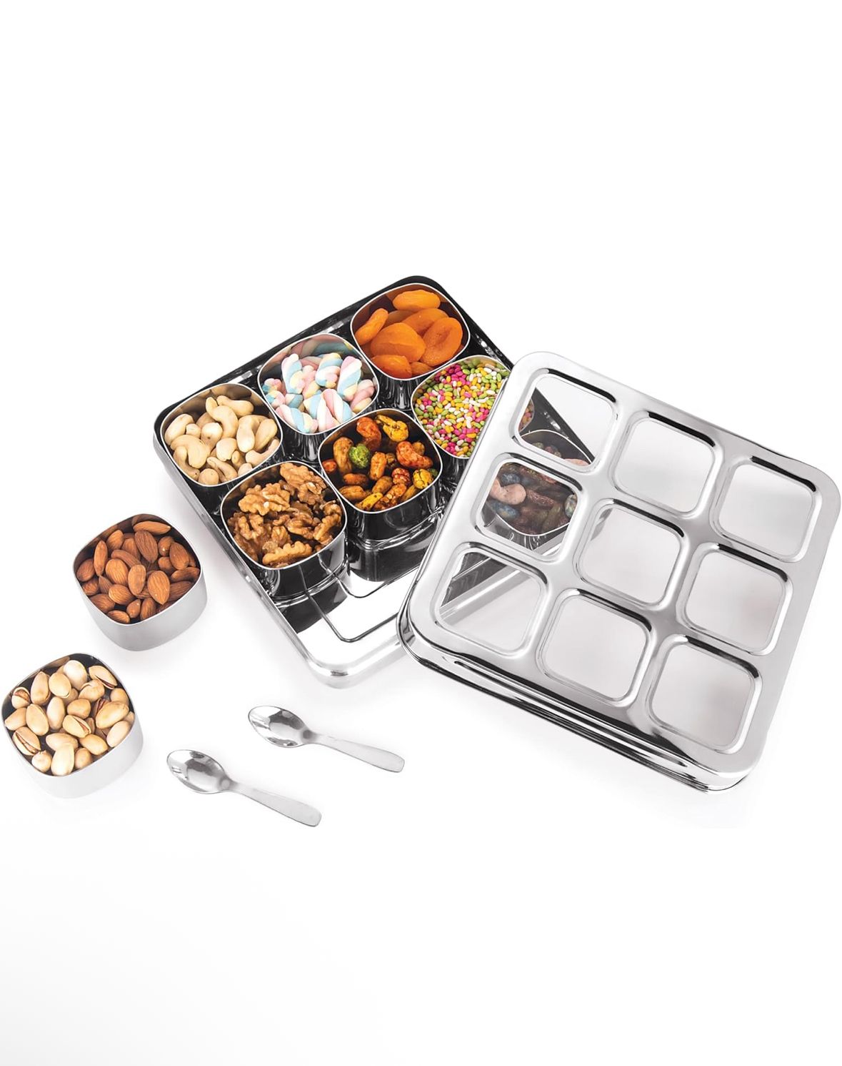 Stainless Steel 9-in-1 Square Masala Dabba – Spice Box with 9 Round Containers, Individual See-Through Lids, and Durable Design for Easy Kitchen Storage