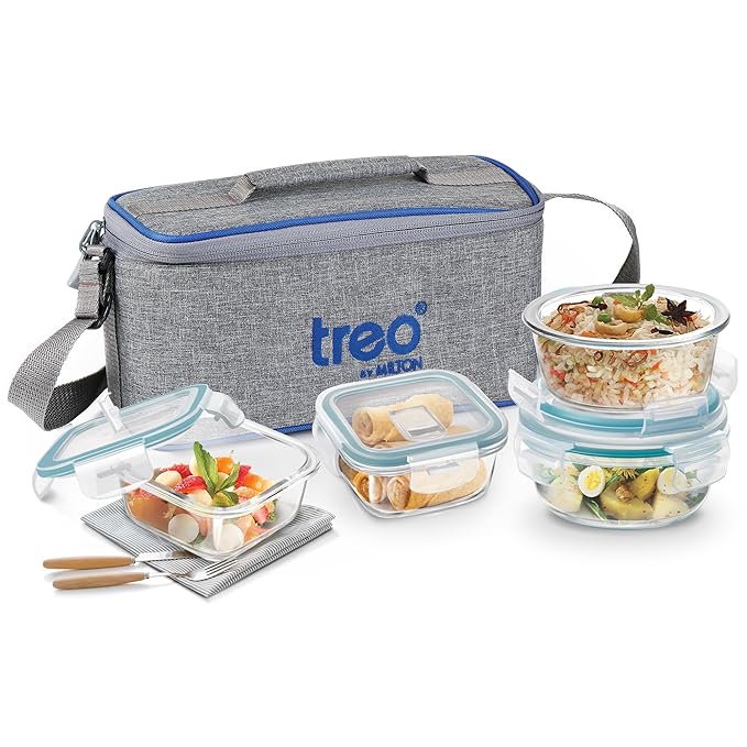 Treo by Milton All Fresh Omni Glass Tiffin with Lunch Bag Set of 4