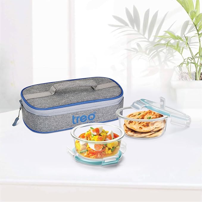 Treo by Milton All Fresh Round Glass Lunch Boxes, Set of 2 (400 ml Each)