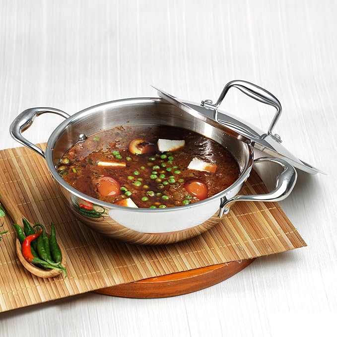 Vinod Platinum Triply Stainless Steel Kadai with Stainless Steel- (Induction and Gas Stove Friendly)