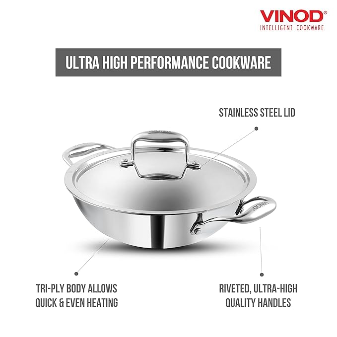 Vinod Platinum Triply Stainless Steel Kadai with Stainless Steel- (Induction and Gas Stove Friendly)