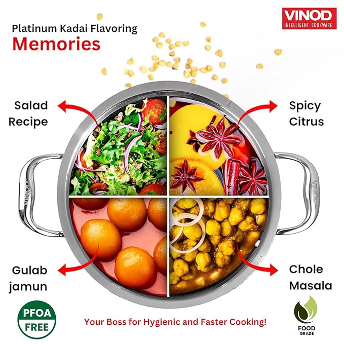 Vinod Platinum Triply Stainless Steel Kadai with Stainless Steel- (Induction and Gas Stove Friendly)