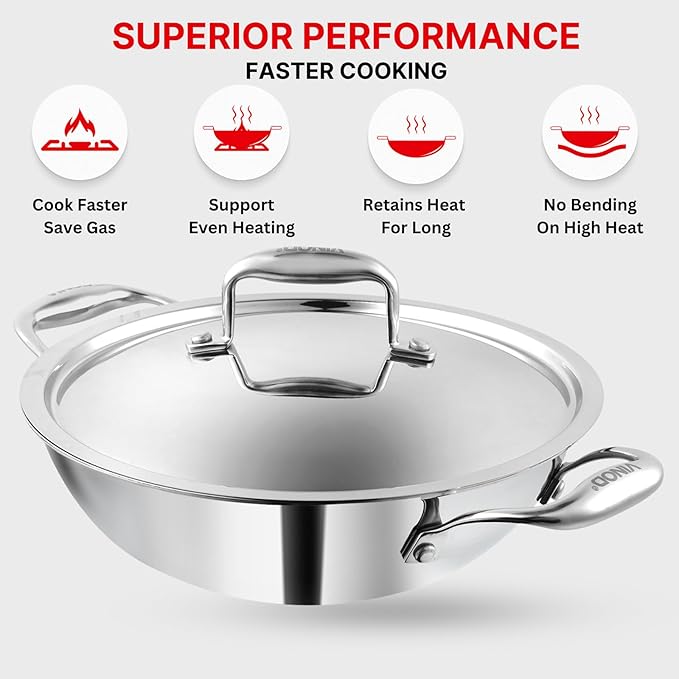 Vinod Platinum Triply Stainless Steel Kadai with Stainless Steel- (Induction and Gas Stove Friendly)
