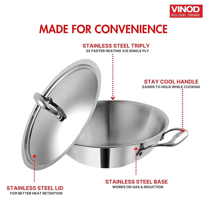Vinod Platinum Triply Stainless Steel Kadai with Stainless Steel- (Induction and Gas Stove Friendly)