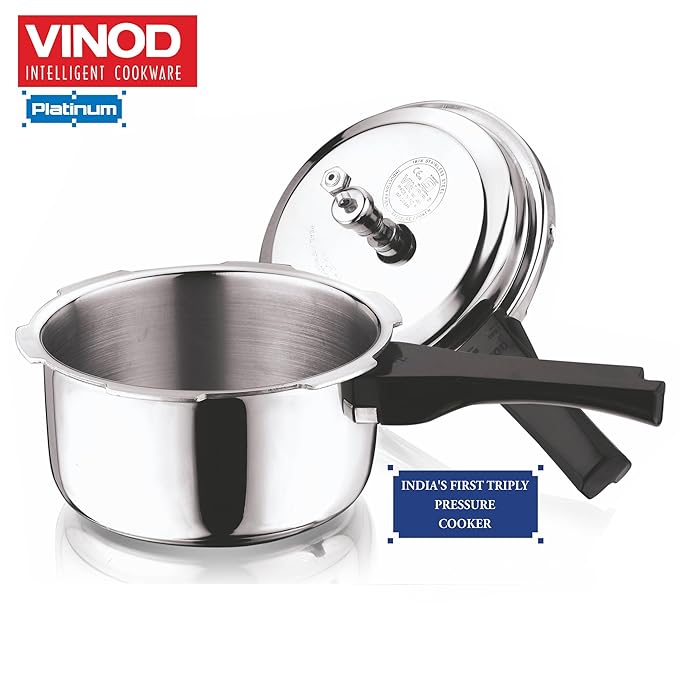 Vinod Platinum Triply Stainless Steel Outer Lid Pressure Cooker- ISI Certified, Silver, Induction Friendly, Pressure Cooker for Home Cooking