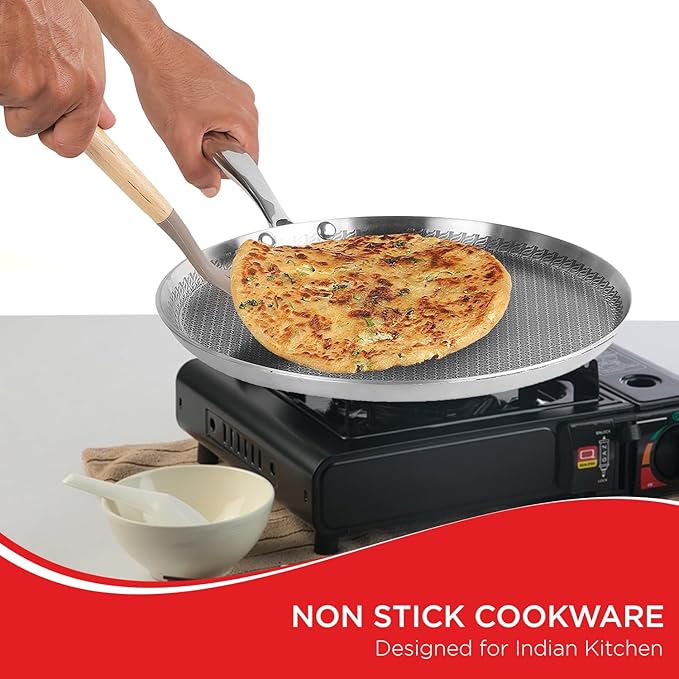Vinod SAS Pro Platinum Triply Stainless Steel Dosa Tawa - 28cm, Stick Free Pan, 4.0 mm Thick, Metal Spoon Friendly Hexa Design, Toxin Free, Induction Base - 5 Years Warranty