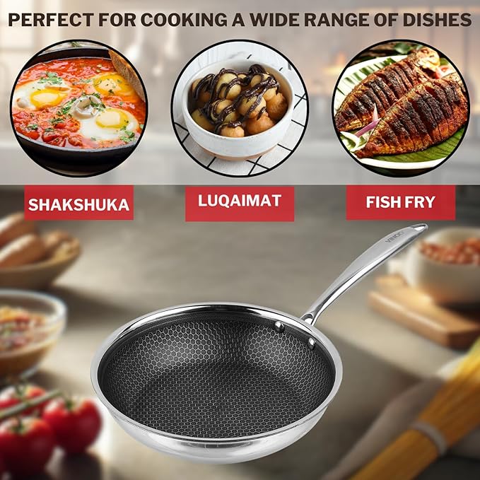 Vinod SAS Pro Platinum Triply Stainless Steel Fry Pan |Honeycomb Pattern Design Inside, Scratch Resistant, Food Safe & PFOA Free - (Induction Friendly)