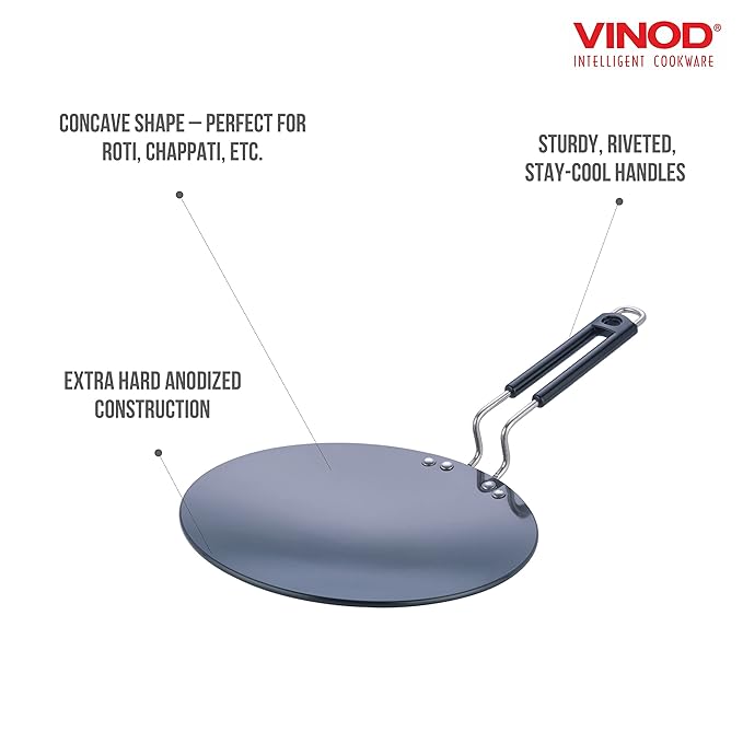 Vinod Black Pearl Hard Anodised Tawa | 5.25mm Thickness | Metal Spoon Friendly | Riveted Sturdy Handle | Long Lasting Roti, Paratha Tawa | 2 Year Warranty | Toxin Free