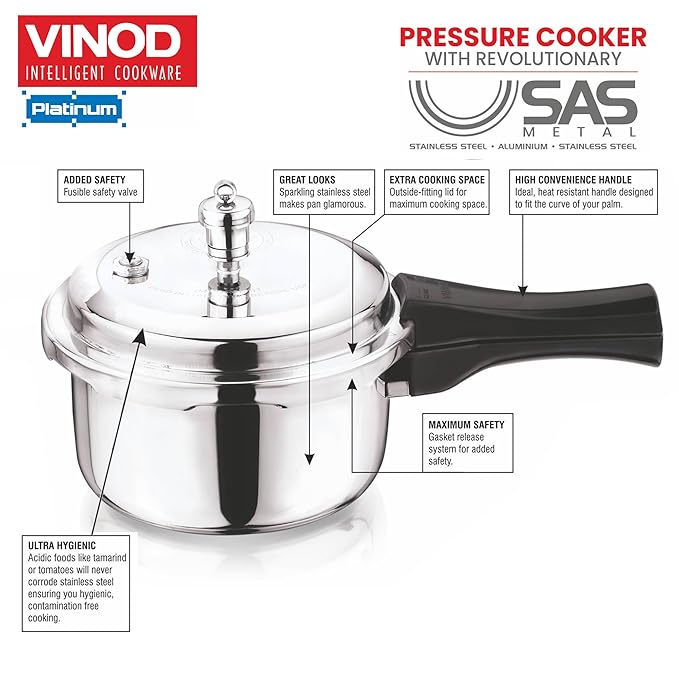 Vinod Platinum Triply Stainless Steel Outer Lid Pressure Cooker- ISI Certified, Silver, Induction Friendly, Pressure Cooker for Home Cooking