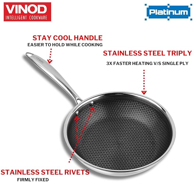 Vinod SAS Pro Platinum Triply Stainless Steel Fry Pan |Honeycomb Pattern Design Inside, Scratch Resistant, Food Safe & PFOA Free - (Induction Friendly)