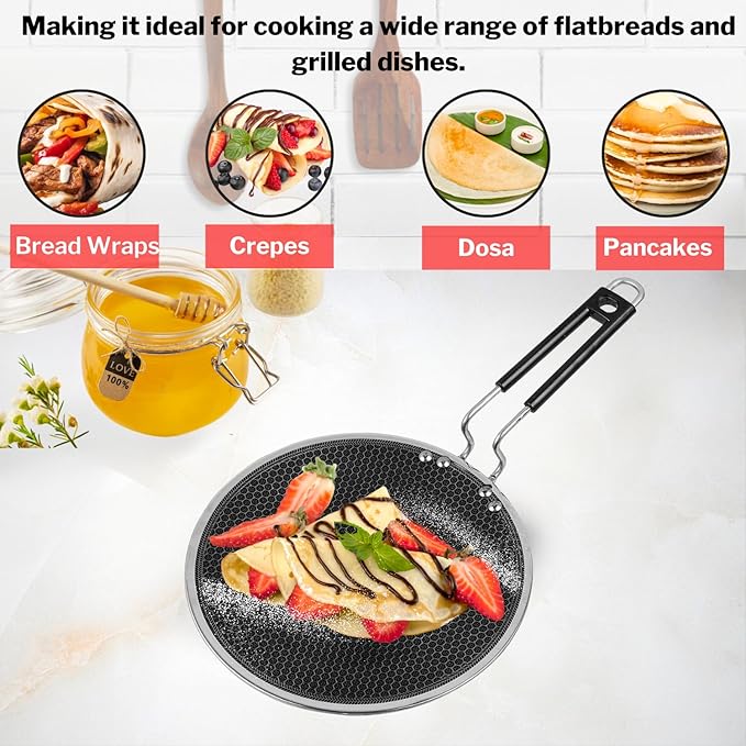 Vinod SAS Pro Platinum Triply Stainless Steel Roti Tawa - 25 cm | 4.0 mm Thick Body | Hexa Design | Induction Friendly | Riveted Handle | Metal Spoon Friendly | 5-Year Warranty