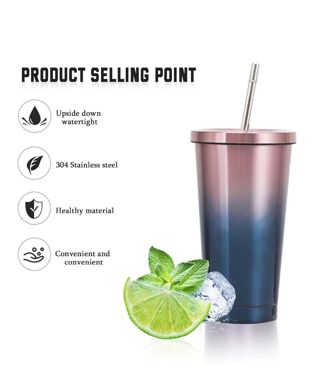 Xpress Stainless steel straw cup, 500 ml travel mug with straw and lid, ice coffee cups,hot drinks, suitable for fruit juice